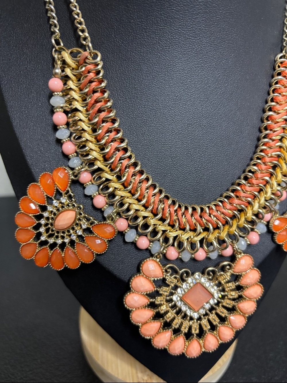 Bib Collar Beaded Braided Colorful Gold Tone Orange Boho Statement Necklace - Picture 2 of 7
